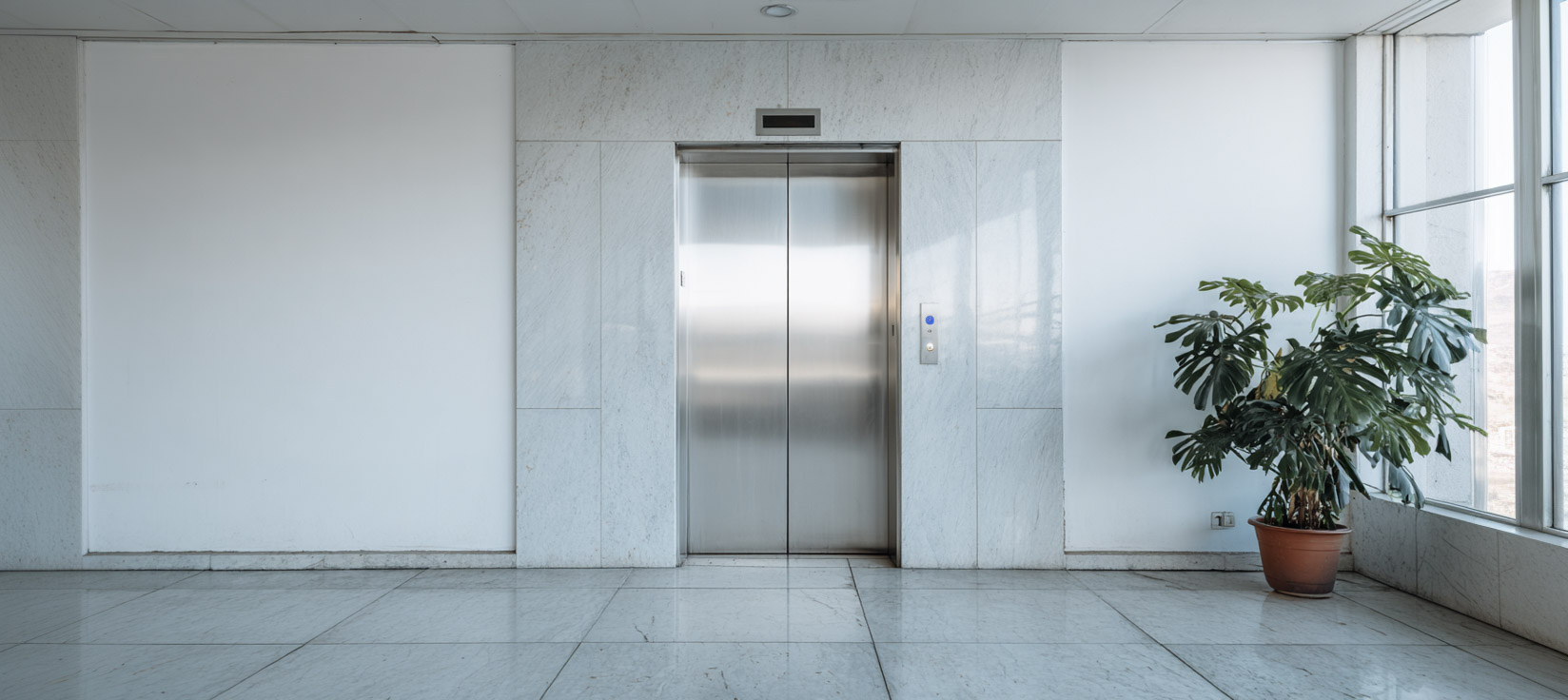 Ascenseur moderne en acier inoxydable intégré à un hall lumineux avec revêtement en pierre, grandes fenêtres et plante décorative.