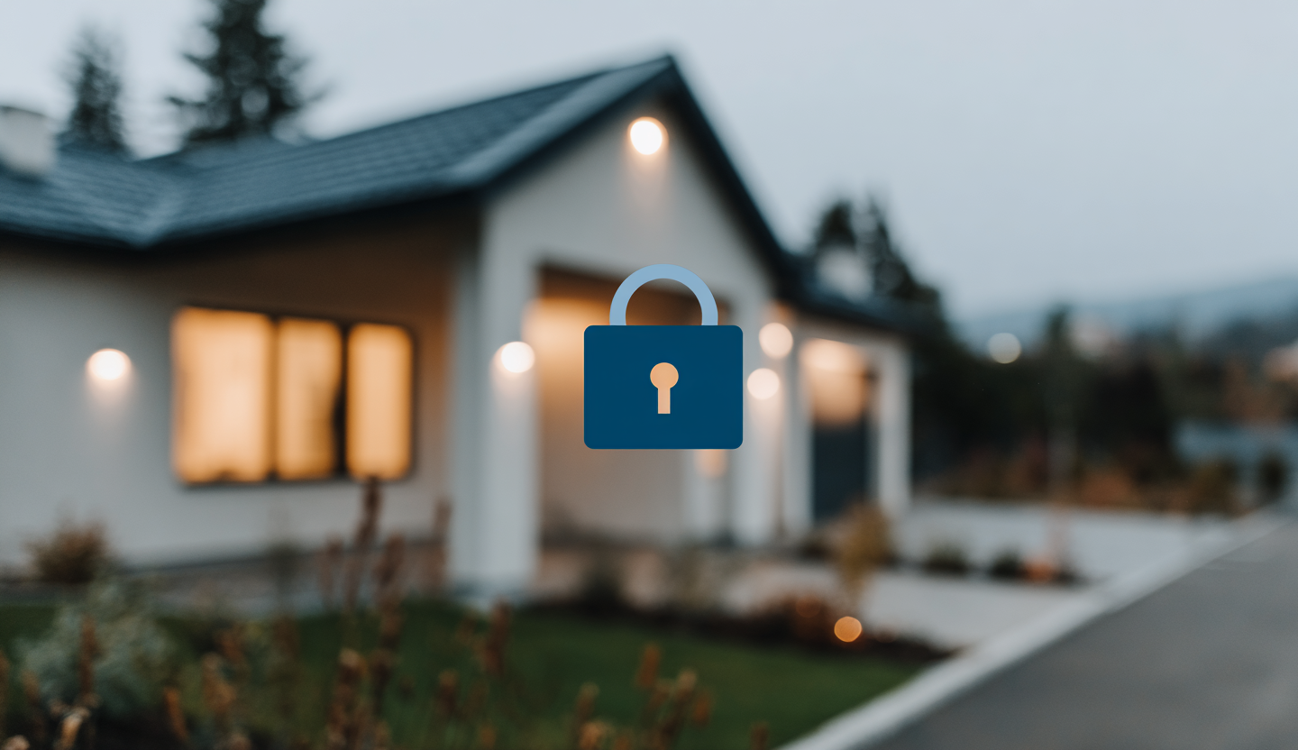 Blurred modern house with outdoor lighting and padlock icon representing residential security