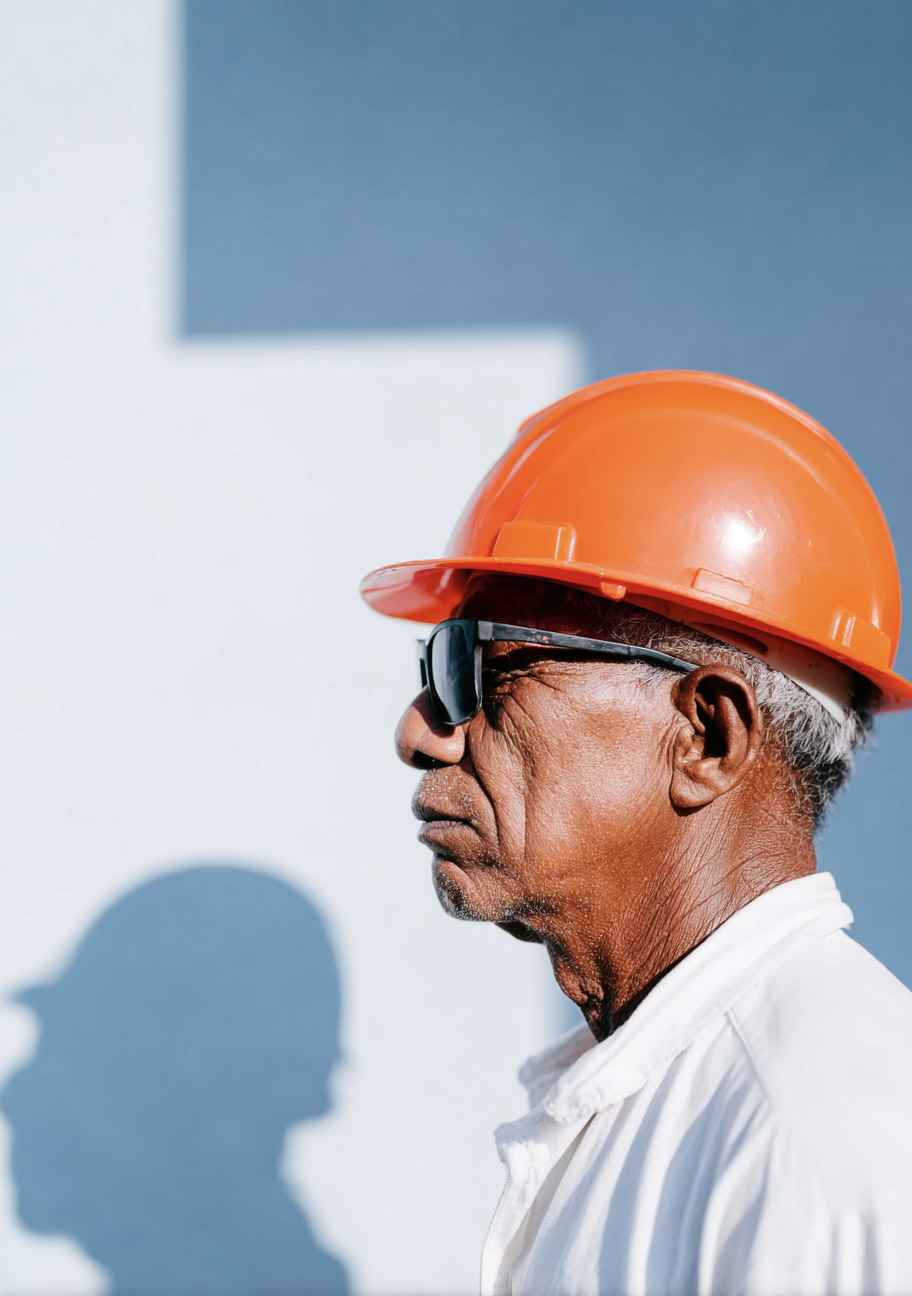 Senior construction worker wearing an orange safety helmet and protective sunglasses in profile against a light wall.