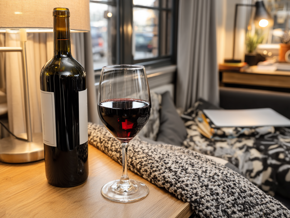 Verre de vin rouge et bouteille posés sur une table en bois dans un salon cosy et moderne