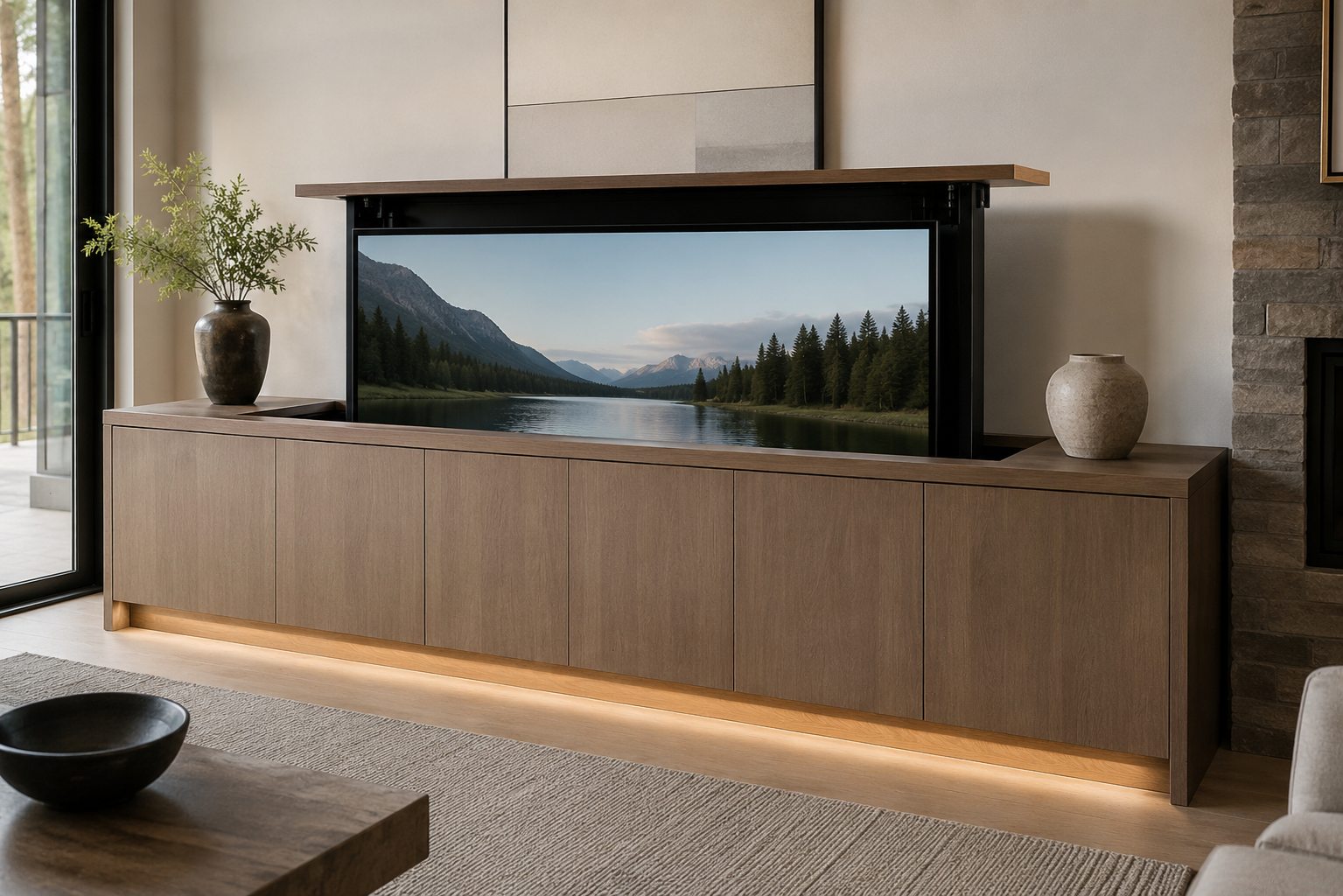 Meuble TV escamotable contemporain en bois clair avec rangement sur mesure, éclairage DEL intégré et téléviseur relevé dans un salon moderne