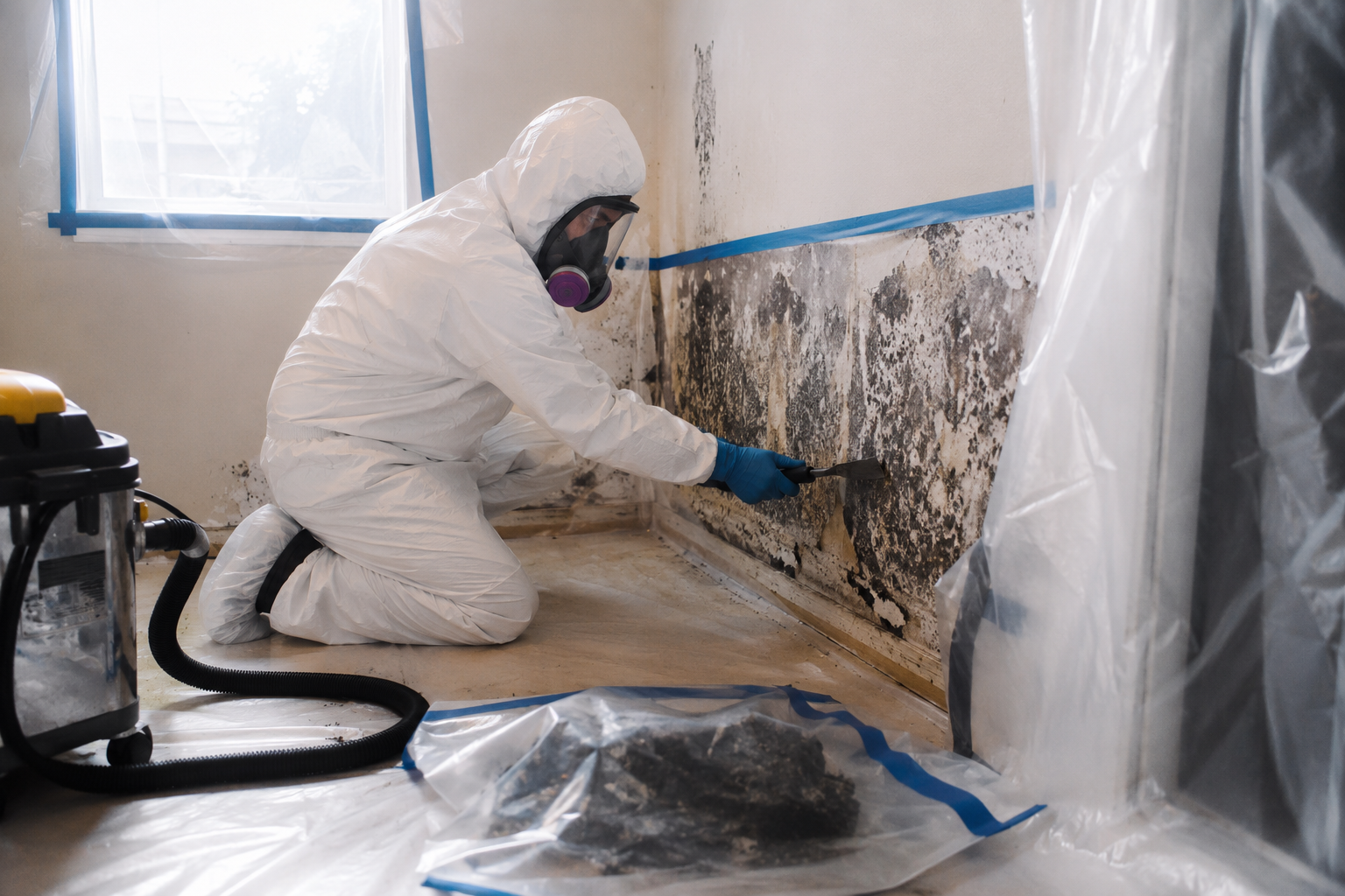 Worker in protective coveralls removing heavily mold-contaminated materials from an interior wall inside a contained work area.