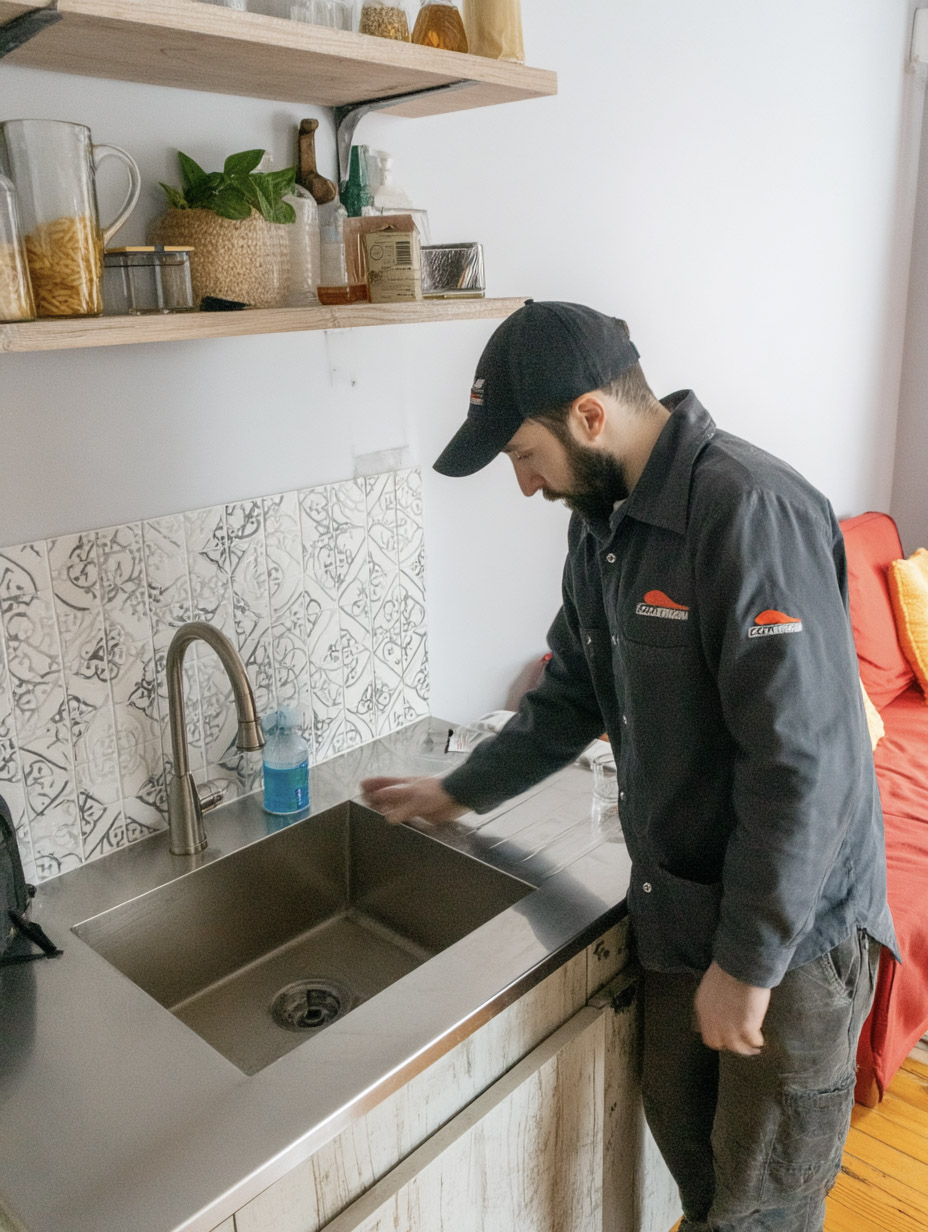 Technician inspecting a stainless steel kitchen sink with modern faucet and decorative tile backsplash.