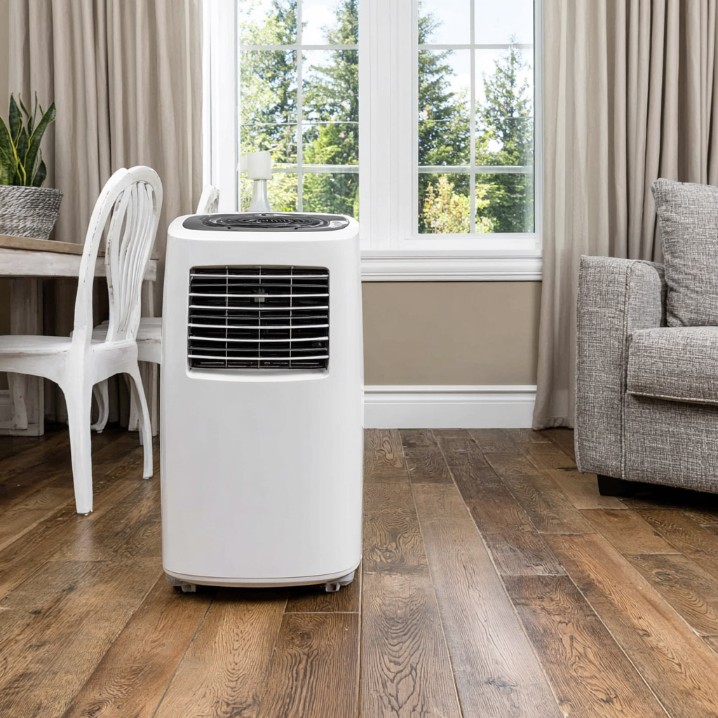 White portable air conditioner in a bright living room with large windows, curtains and wood flooring.