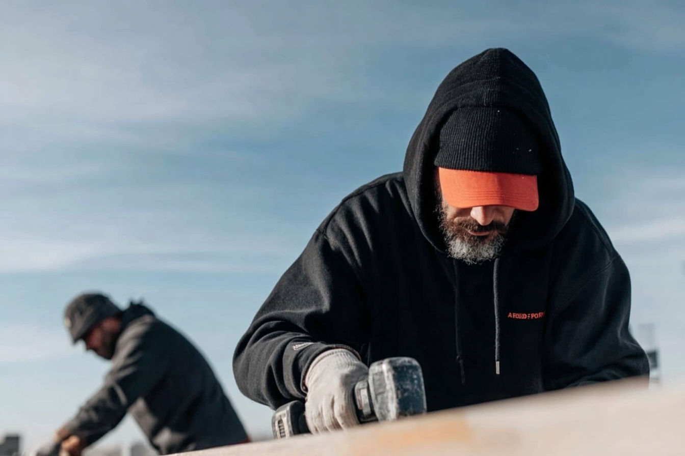 Ouvrier de construction en chandail à capuchon utilisant un outil électrique sur un chantier extérieur avec un collègue en arrière-plan /&nbsp;Construction worker in a hoodie using a power tool on an outdoor job site with a coworker in the background