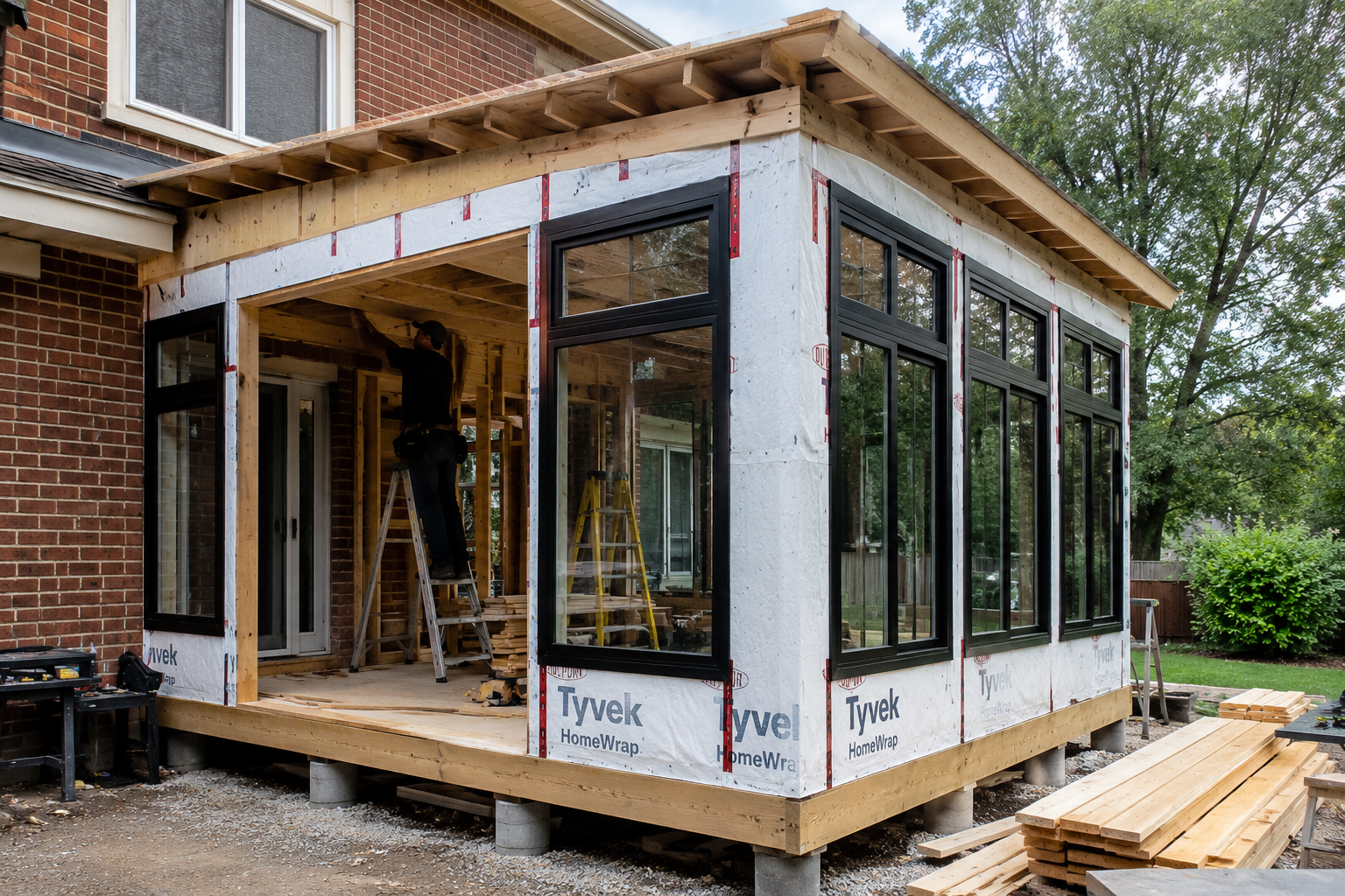 Residential sunroom construction with wood framing, weather-resistant house wrap, large black windows, pier foundations, and roofing installation in progress