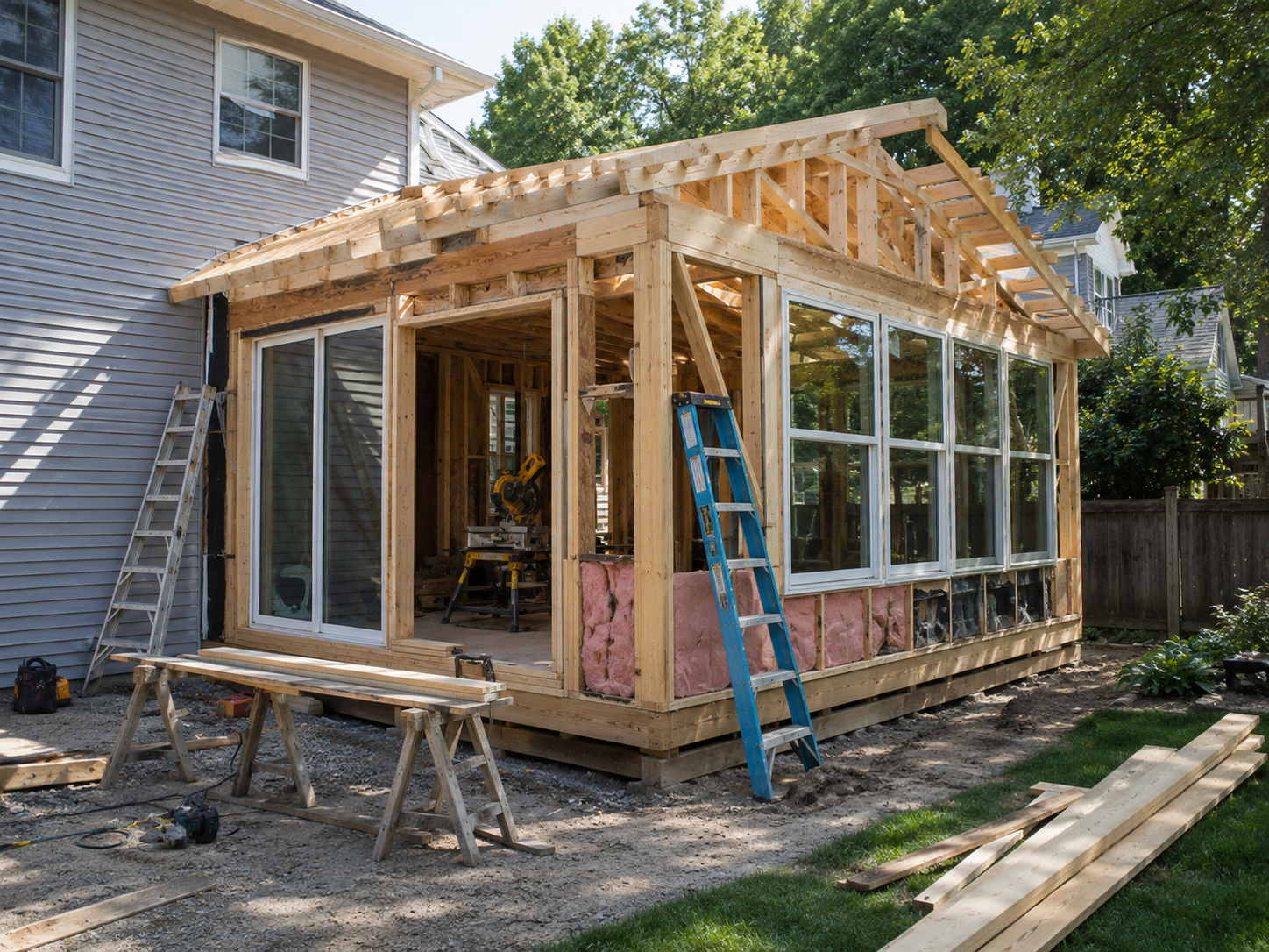 Construction d’un solarium résidentiel en cours avec charpente en bois, grandes fenêtres, porte coulissante, isolation apparente et outils de chantier