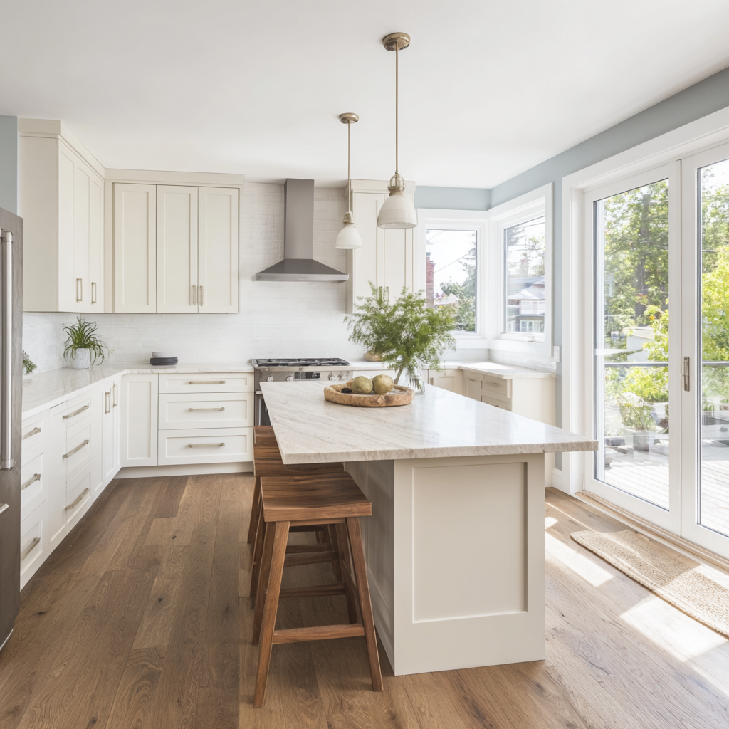 Cuisine blanche lumineuse avec grand îlot central en marbre, armoires shaker, plancher de bois, bancs en bois, fenêtres panoramiques et portes vitrées donnant sur l’extérieur