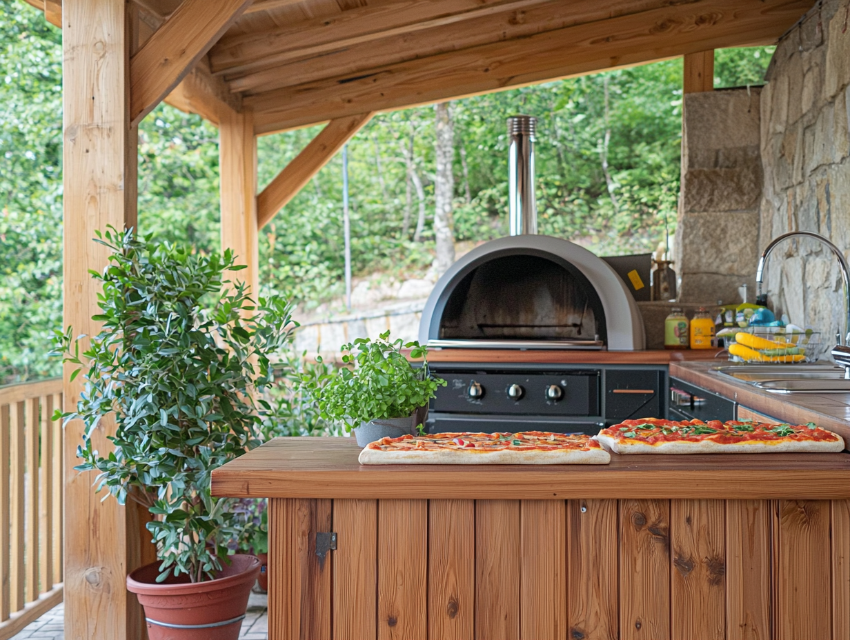 Rustic outdoor kitchen with pizza oven, wooden worktop and potted plants under a forest shelter
