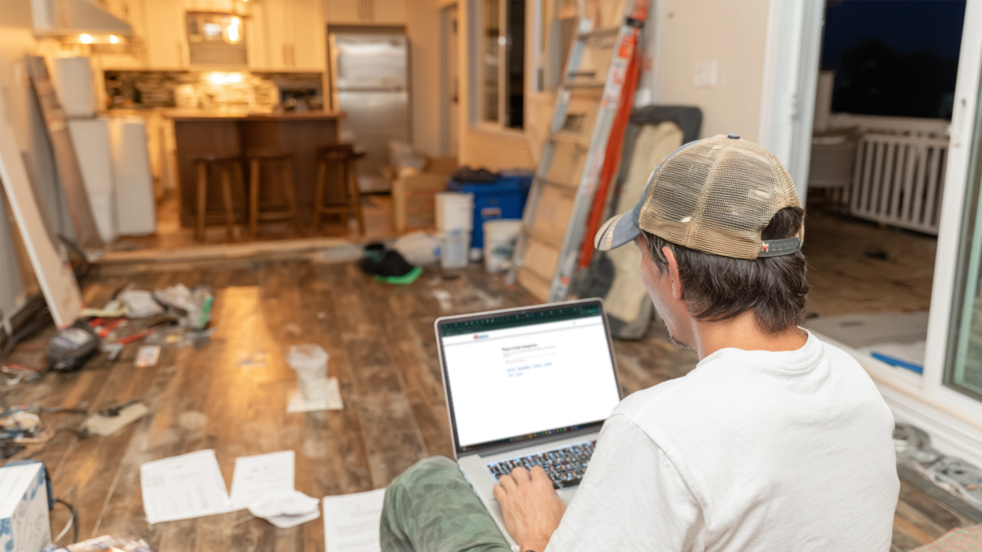 Entrepreneur en rénovation consultant un ordinateur portable dans une maison en chantier avec cuisine, échelle et plancher en travaux
