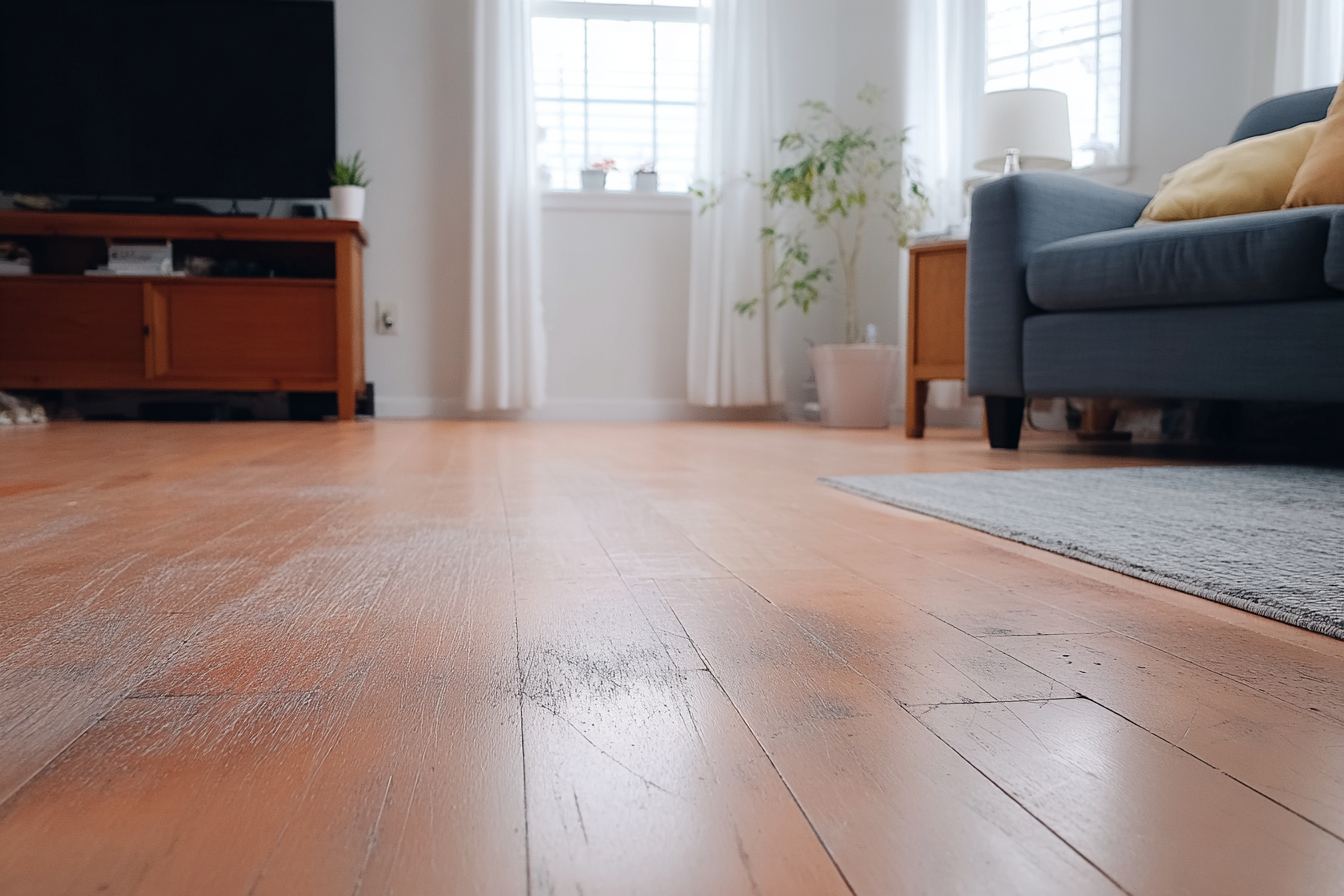 Plancher en bois franc égratigné nécessitant sablage et rénovation dans un salon résidentiel lumineux