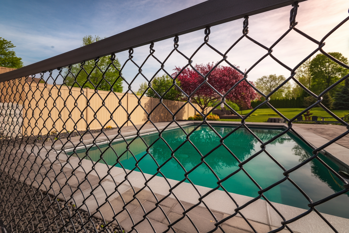 Inground pool with stone coping and black chain link safety fence in a residential landscaped yard