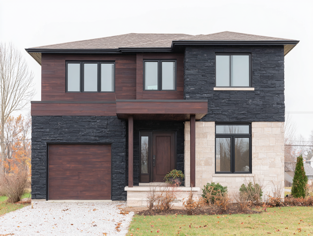 Contemporary two-story house with black and beige stone facade, dark wood cladding and integrated garage