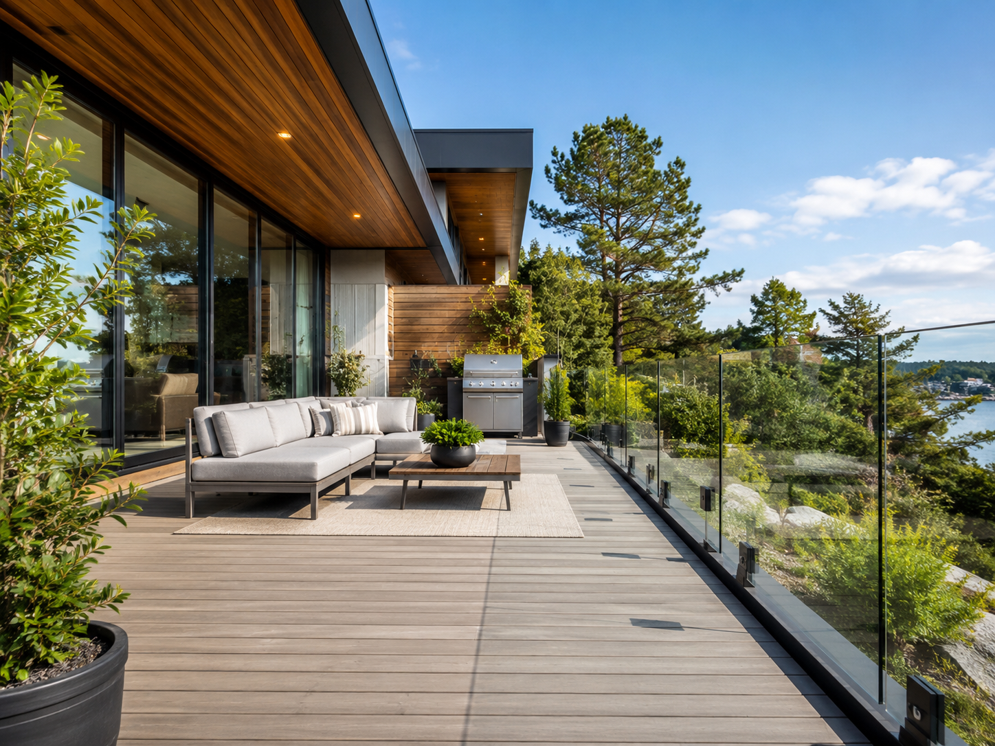 Contemporary composite deck with glass railings, outdoor furniture, a barbecue, large glass doors, and panoramic views of a wooded landscape