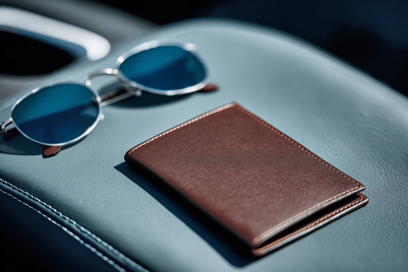 Brown leather wallet on blue leather surface with modern sunglasses