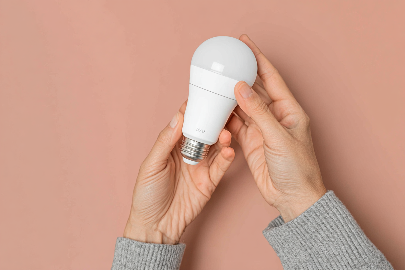 Main tenant une ampoule LED blanche sur fond rose, illustrant un composant essentiel de l’éclairage électrique domestique
