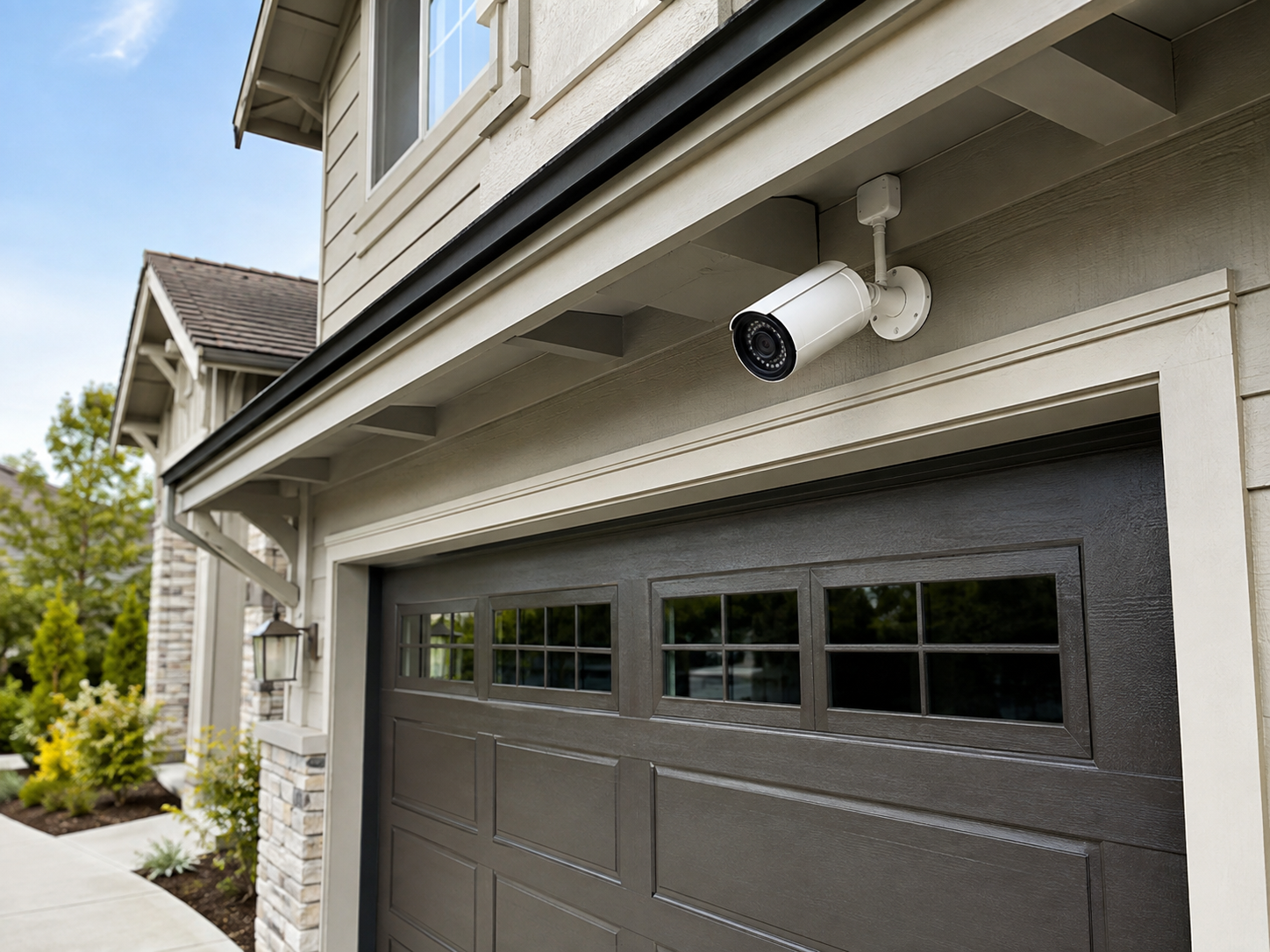 White outdoor security camera installed above a black garage door on the exterior of a modern home