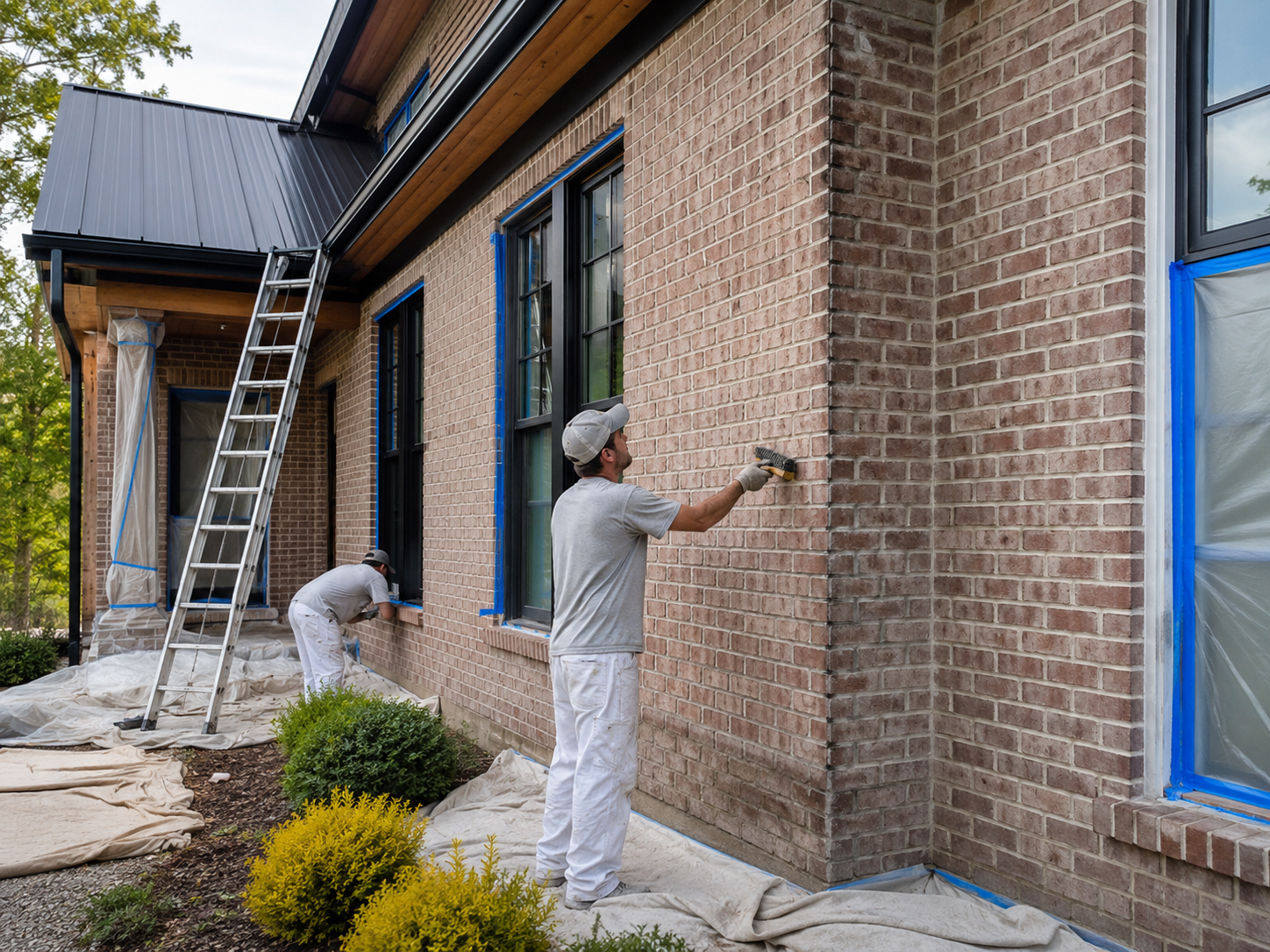 Two painters applying a protective coating to an exterior brick façade with masked windows, a ladder, and protective drop cloths