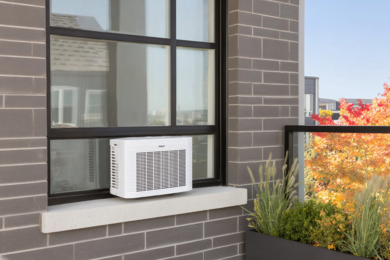 Climatiseur de fenêtre installé sur un balcon avec façade en brique grise, jardinière et feuillage d’automne.