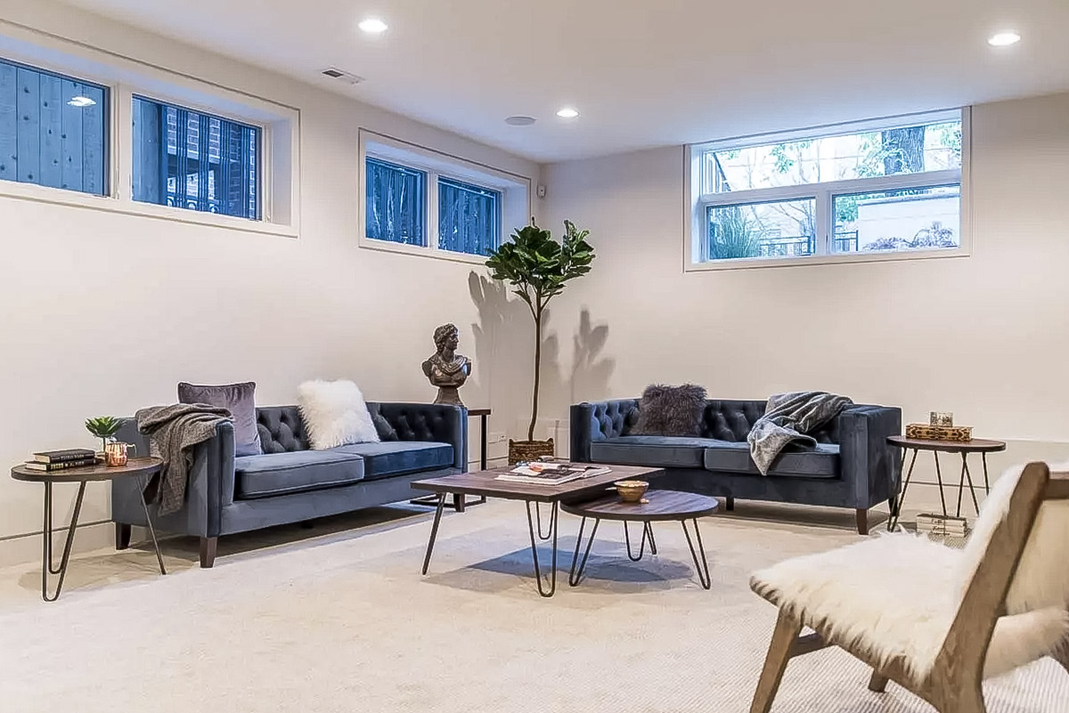 Bright, modern living room with two blue velvet sofas, wooden coffee tables, decorative plant, and natural light coming from high-set windows.