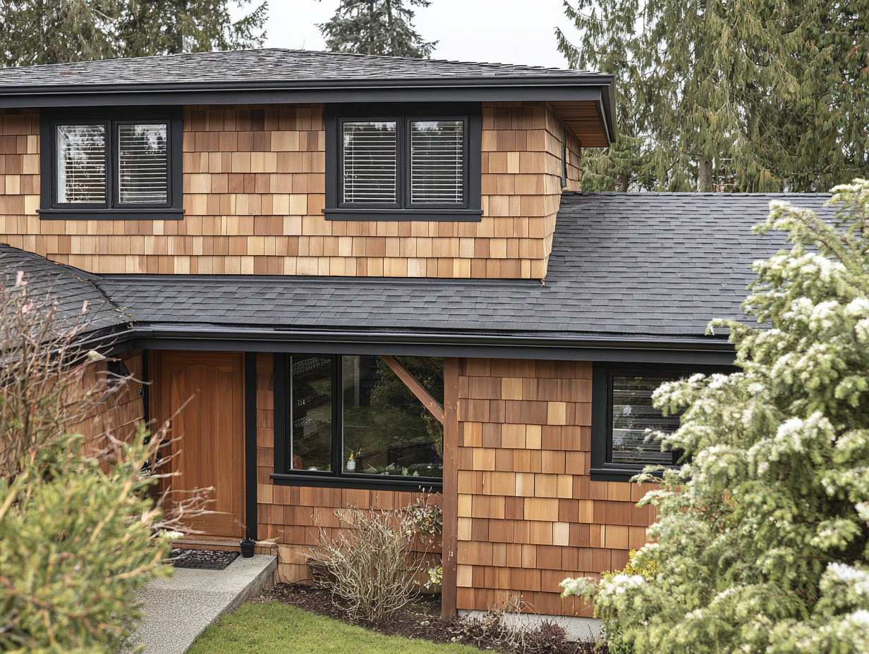 Traditional two-story house with natural cedar shingle siding and a black asphalt shingle roof