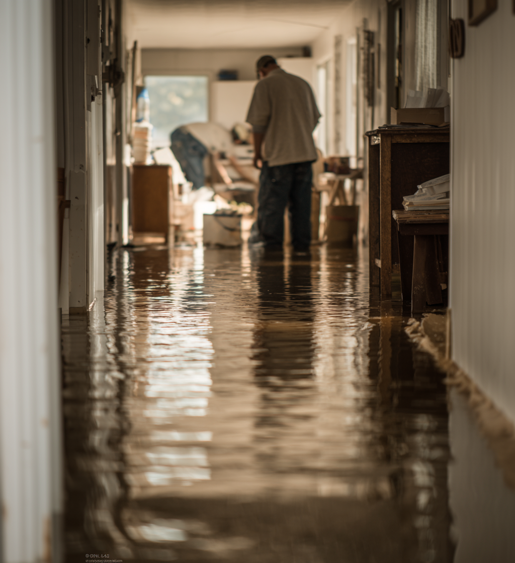 Indoor home flooding with water covering floor and person assessing damage in hallway