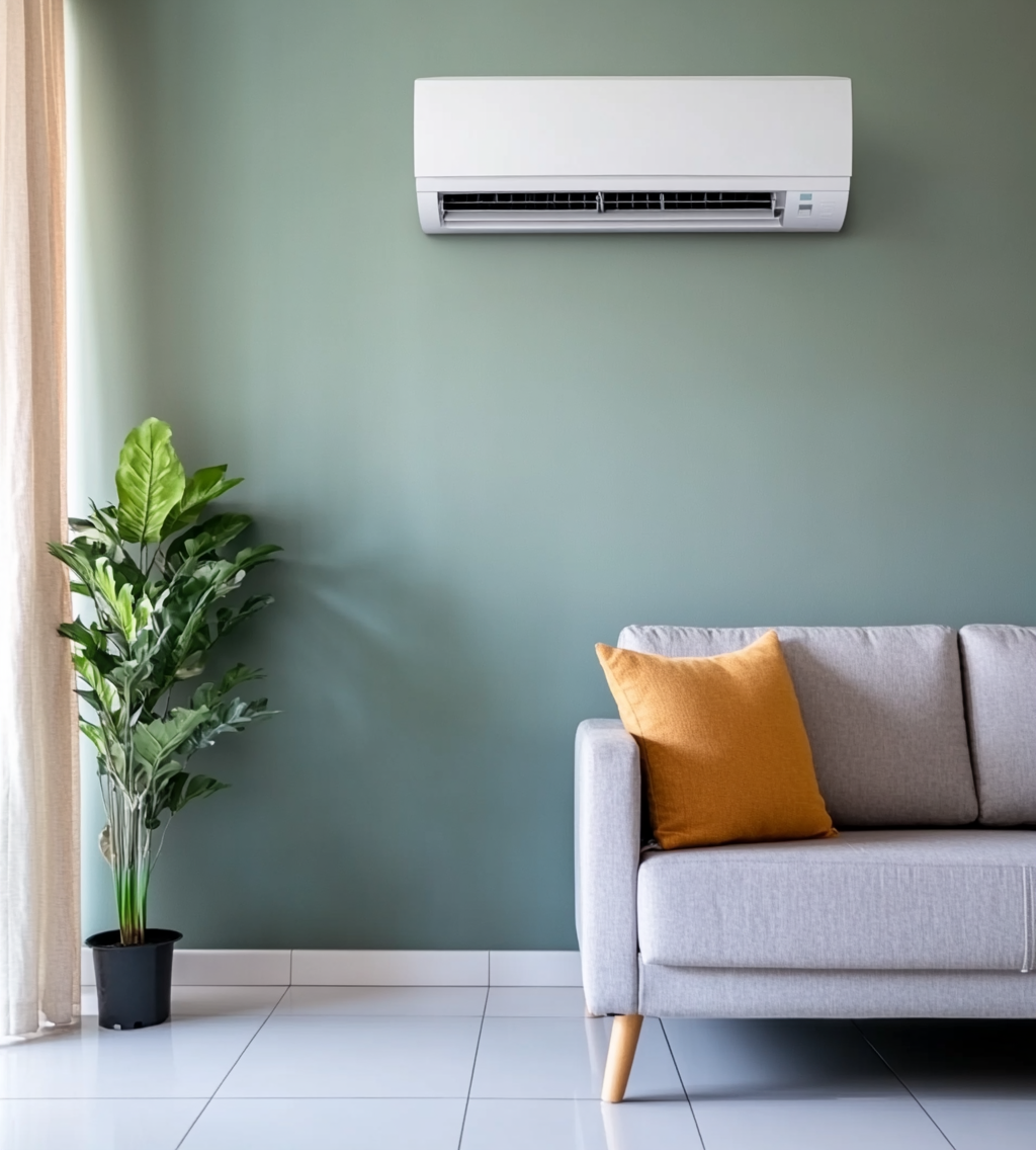 Climatiseur mural moderne au-dessus d’un canapé gris avec coussin jaune dans un salon minimaliste avec plante verte