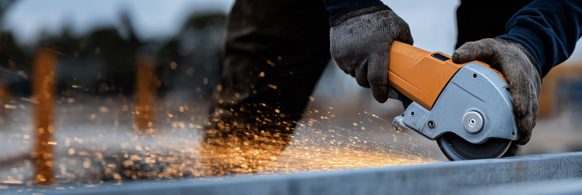 Worker using an angle grinder to cut a metal piece on an outdoor construction site, with visible sparks, illustrating cutting, structural work, welding, renovation and construction services