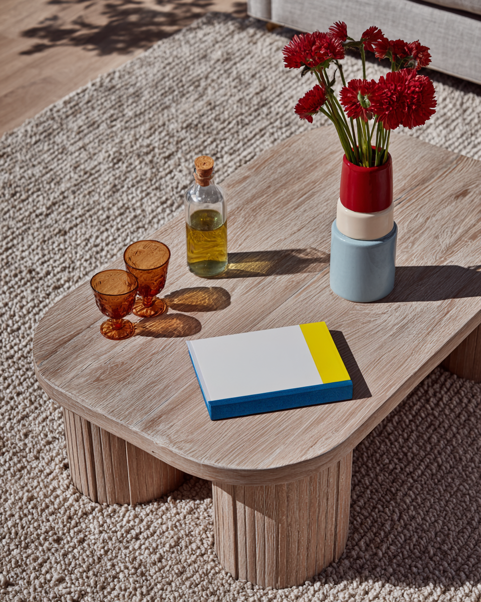 Light wood coffee table in a bright living room with red flowers, colorful vase, amber glasses, decorative bottle, modern book and textured beige rug