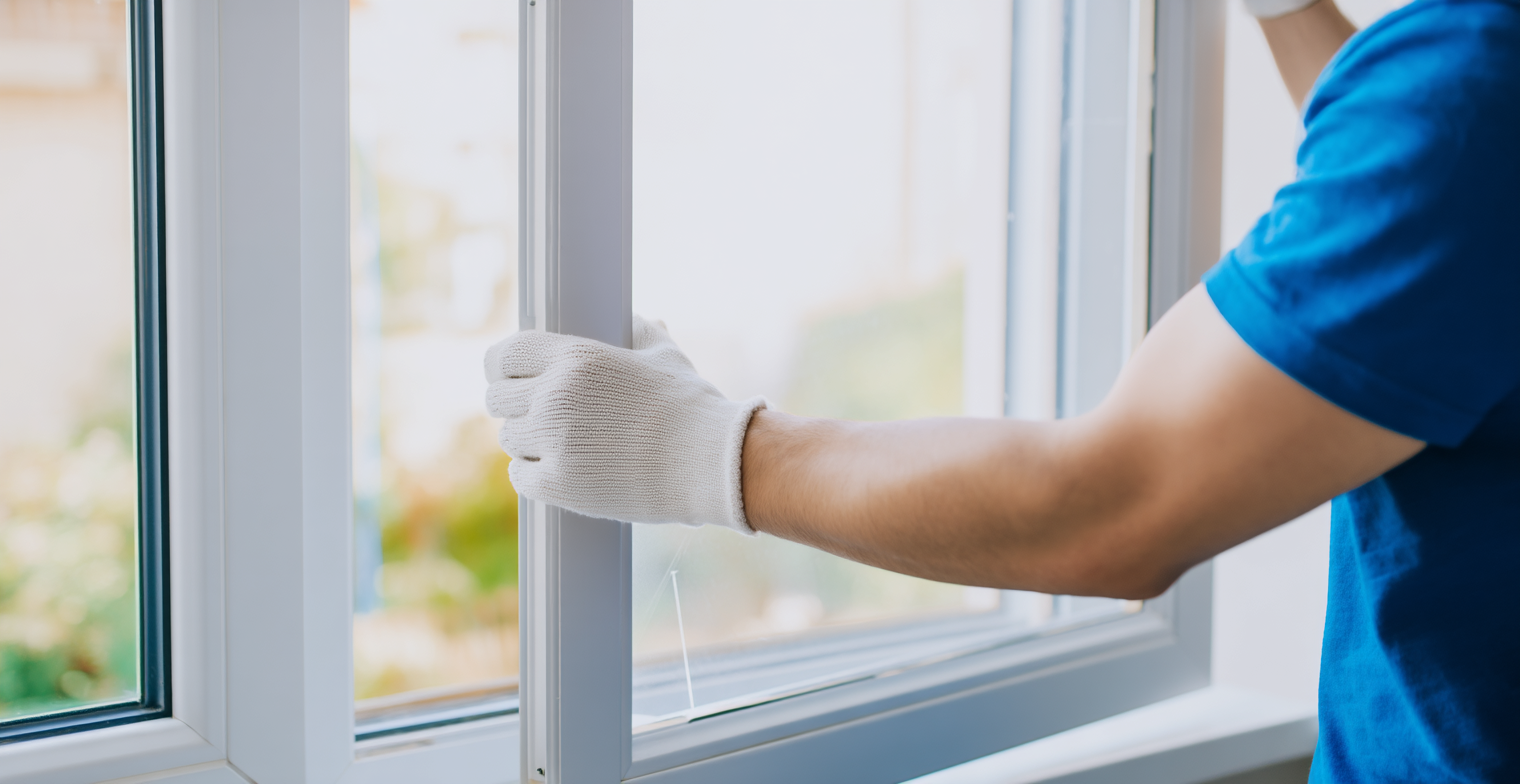 Installer fitting a white window with protective gloves in a bright home