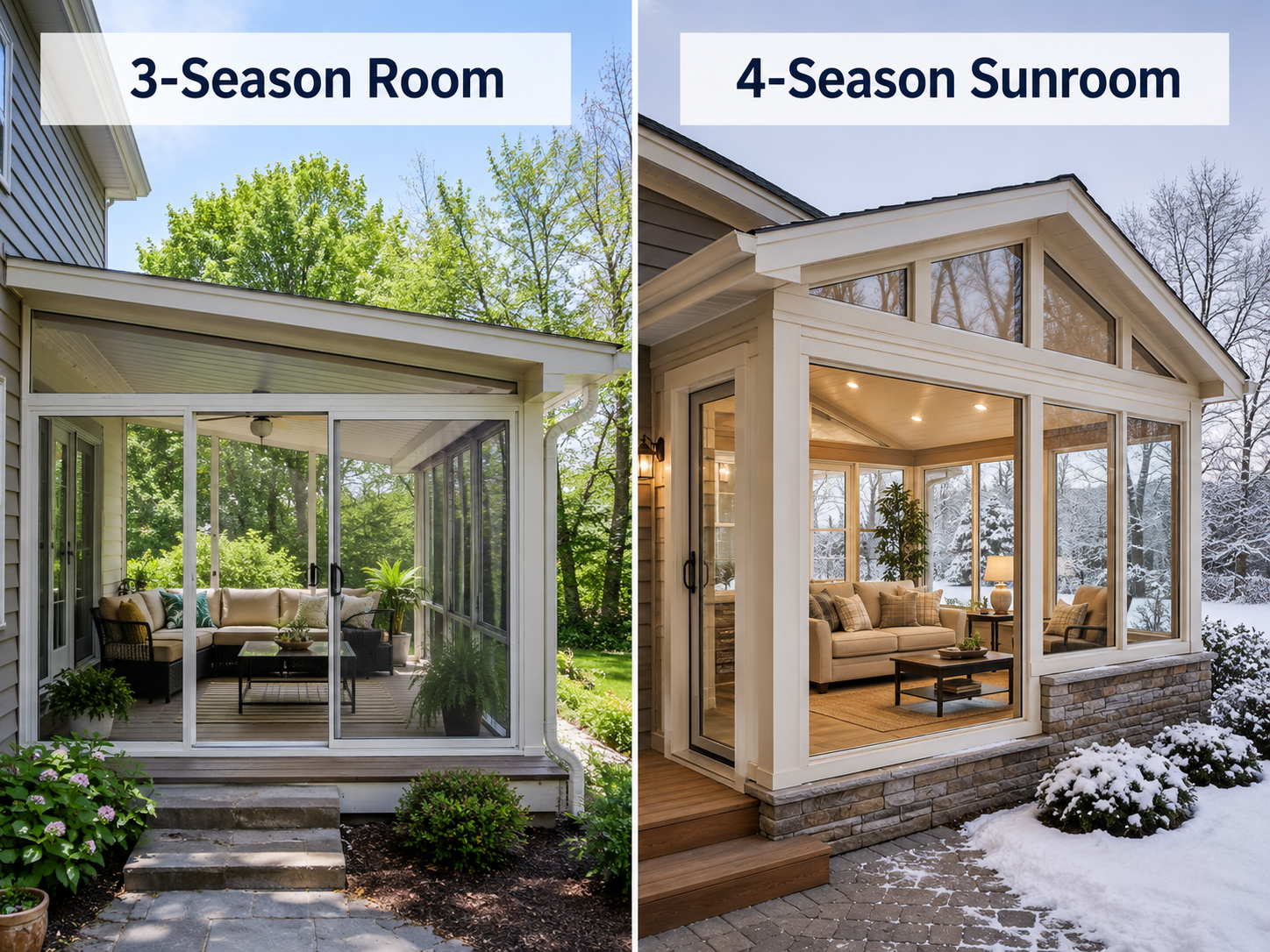 Comparison between a three-season glass enclosure used in spring and summer and an insulated four-season sunroom designed for year-round comfort