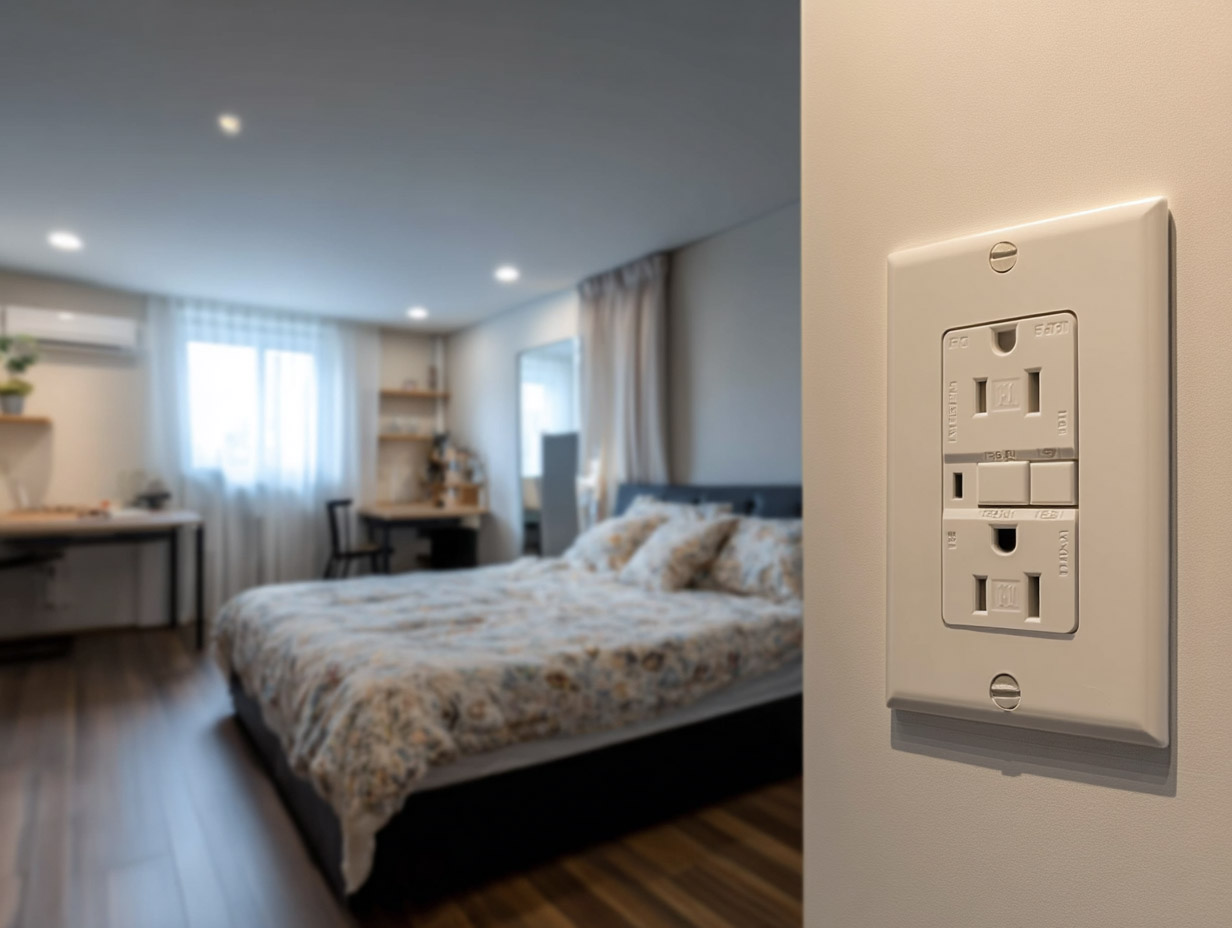 Gros plan sur une prise électrique sécurisée dans une chambre moderne avec lit double, plancher en bois et éclairage encastré<br>