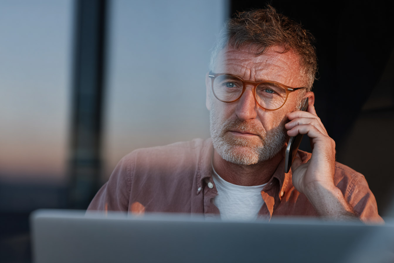 Homme mûr portant des lunettes en conversation téléphonique devant un ordinateur portable dans un bureau moderne.