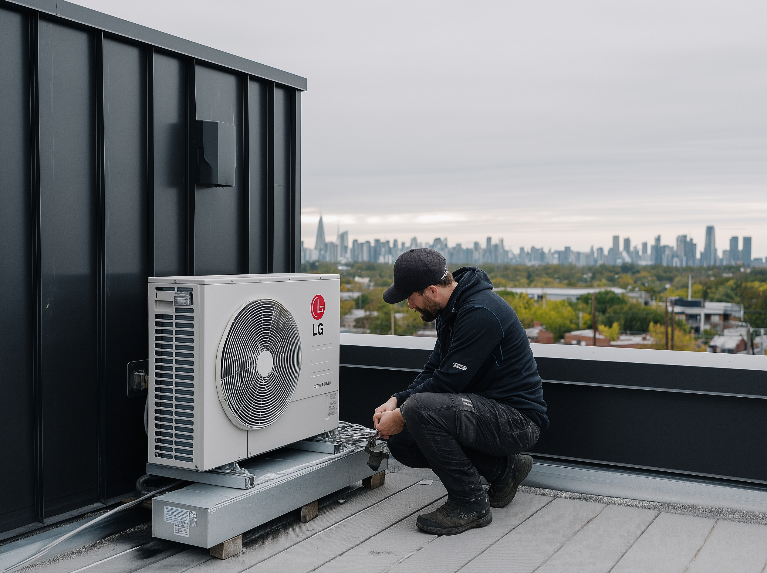 Technician servicing an LG air conditioning system on the roof of a building overlooking the city