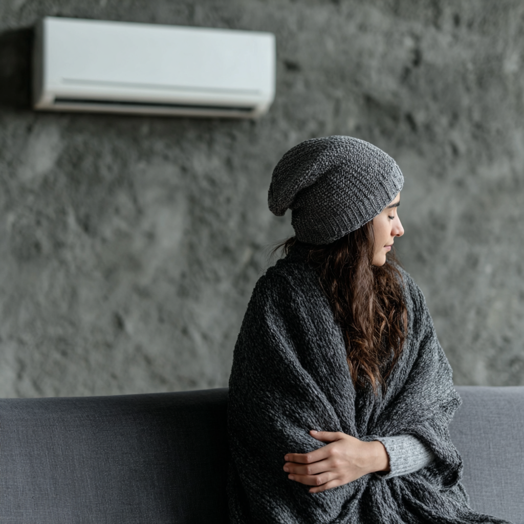 Woman sitting on a sofa, wrapped in a warm blanket in front of a wall-mounted heat pump, suggesting a heating or indoor comfort issue.