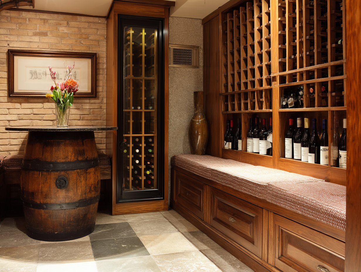 Warm wine cellar with custom wooden racks, glass wine cabinet, brick wall and decorative barrel