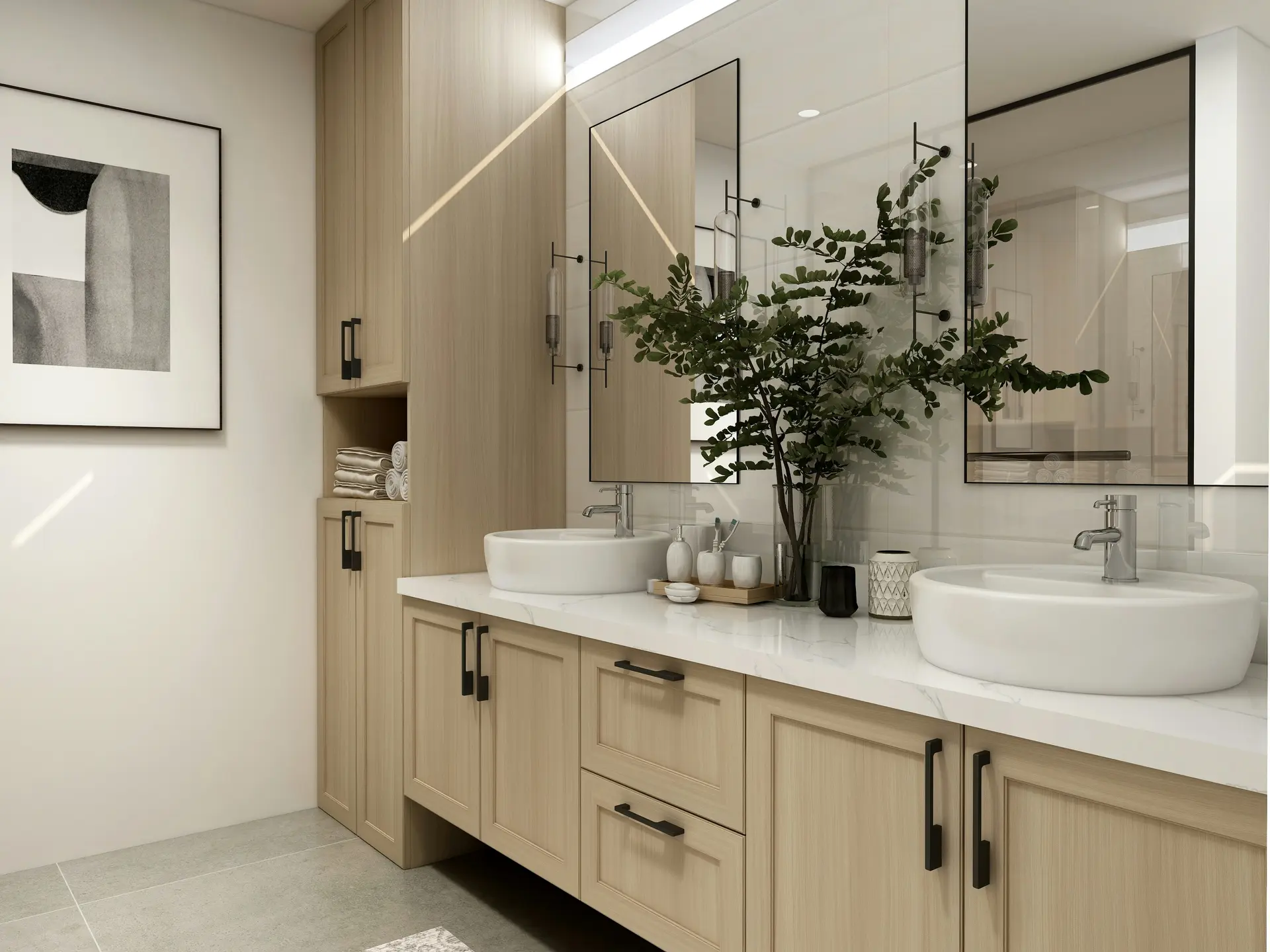 Modern bathroom with wooden vanity, double white vessel sinks, and marble countertop. Mirrors with integrated lighting, spacious storage, and elegant plant decor.