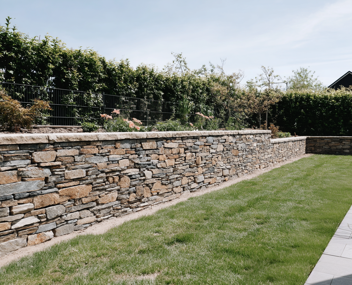 Stacked stone retaining wall with landscaped border and green lawn