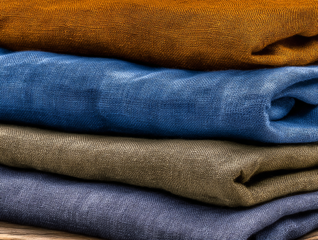 Tissus en lin colorés soigneusement pliés en piles.