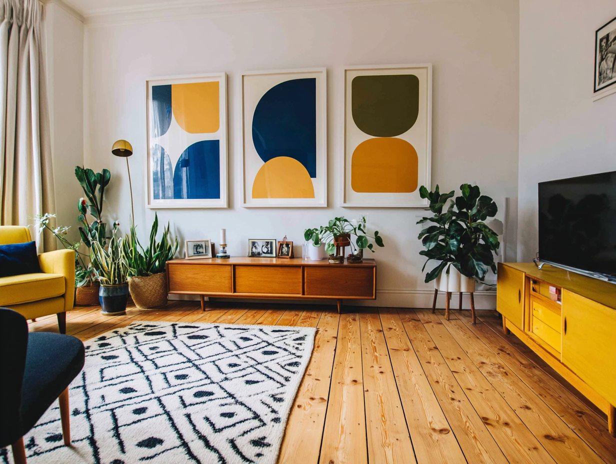 Bright living room in retro design with wooden furniture, yellow armchair, green plants, patterned rug and colorful posters
