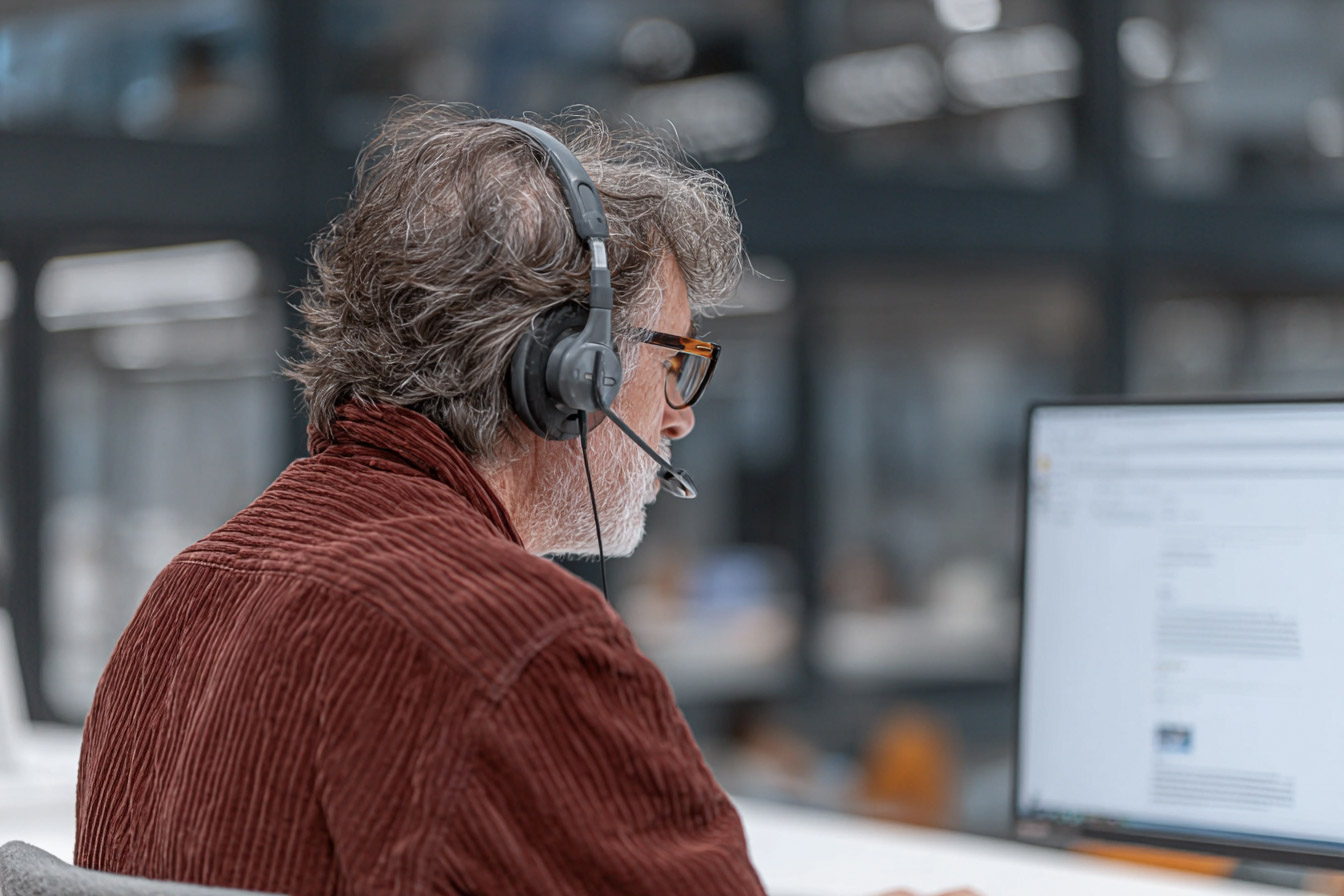 Senior man wearing a headset with microphone, working on a computer in a modern open-plan office space.