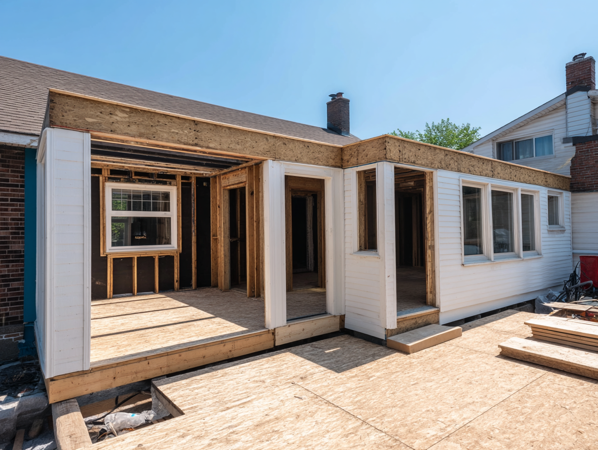 Extension in progress to a suburban bungalow, showing the open timber frame structure and the extension of the living space to the rear of the house.
