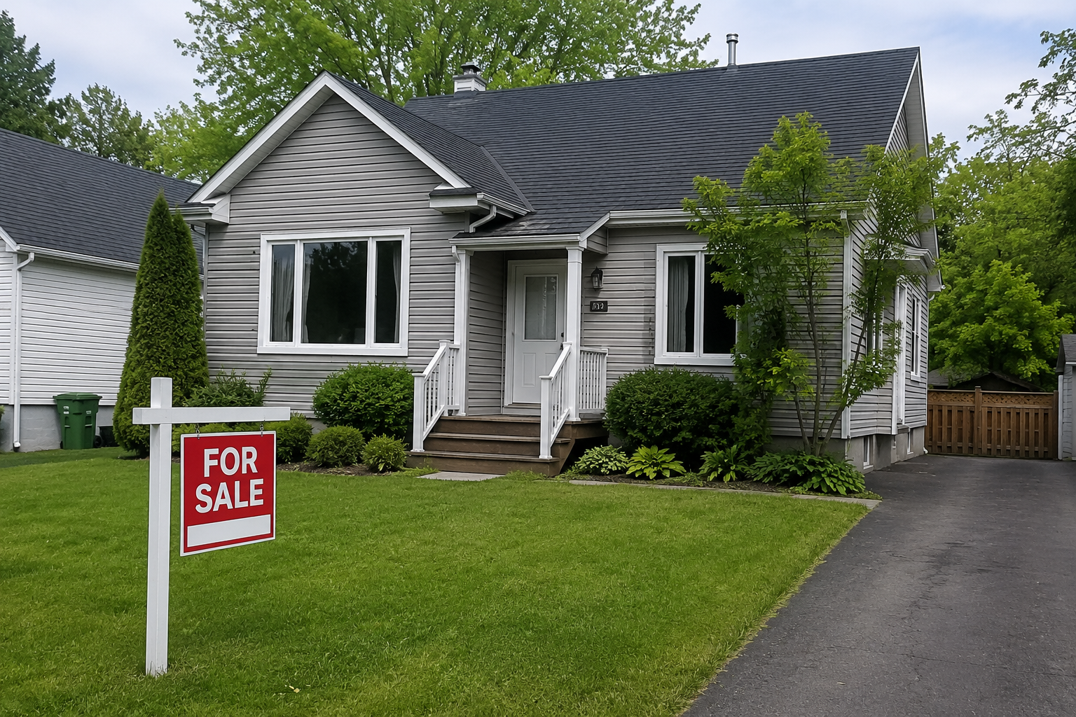 Maison unifamiliale avec pelouse aménagée, entrée asphaltée et aménagement paysager soigné, idéale pour une inspection préachat résidentielle