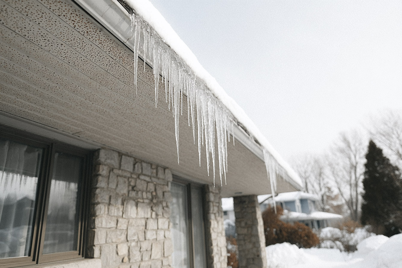 Glaçons suspendus au bord d’un toit enneigé avec soffites, fascias, gouttière et façade en pierre en hiver.