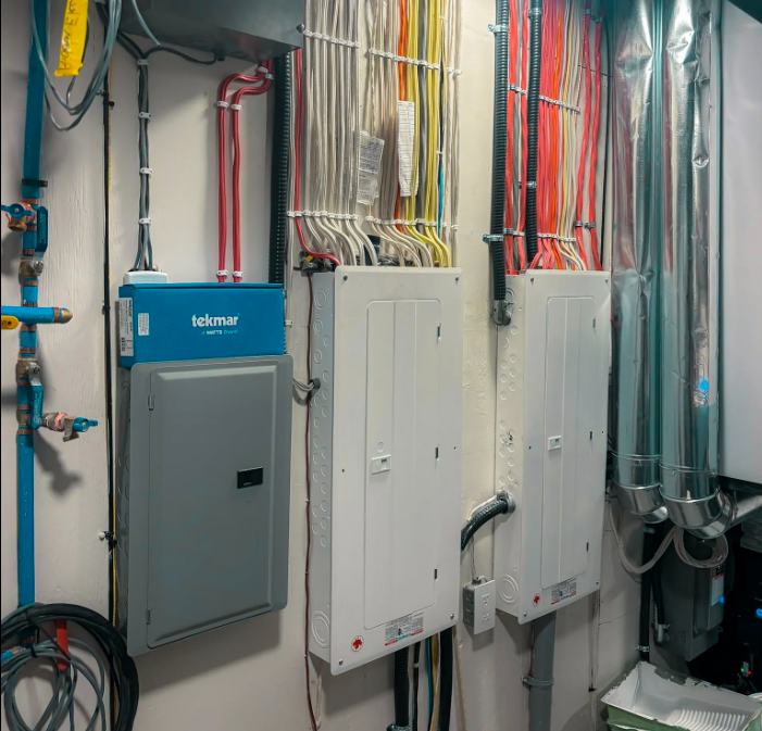 Residential electrical panels with multi-coloured structured wiring installed in a technical room