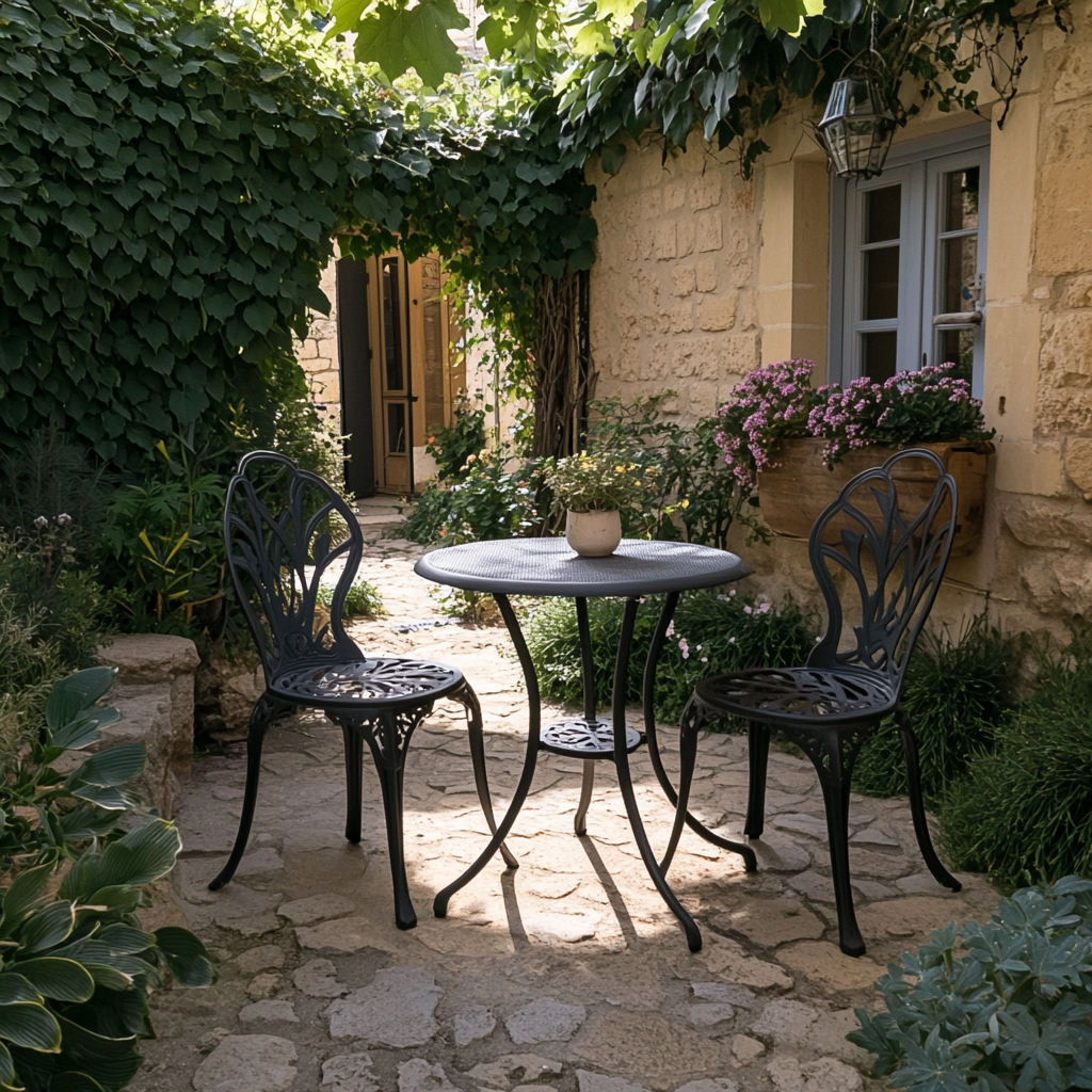 Coin terrasse rustique avec mobilier en fer forgé, pierres naturelles et plantes grimpantes