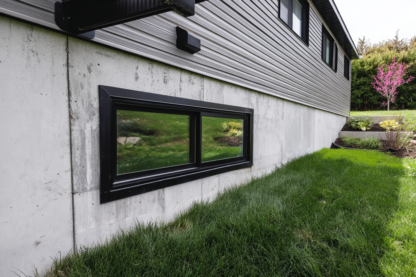 Black basement window set in concrete foundation wall with gray vinyl siding