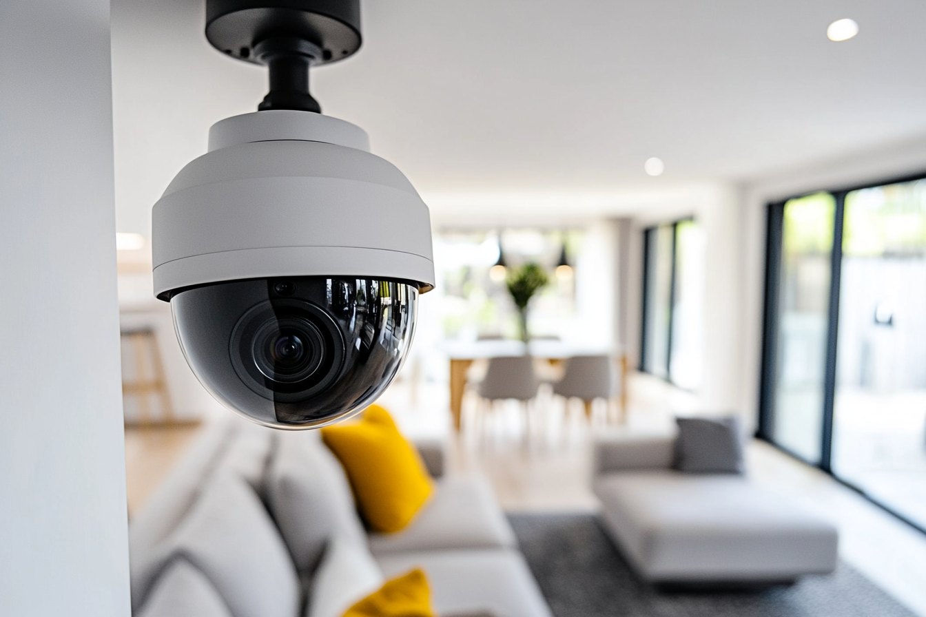 Modern indoor security camera mounted on ceiling in a bright living room with residential security system