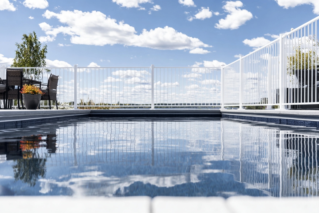 Inground pool with white PVC safety fence and patio furniture in a residential backyard