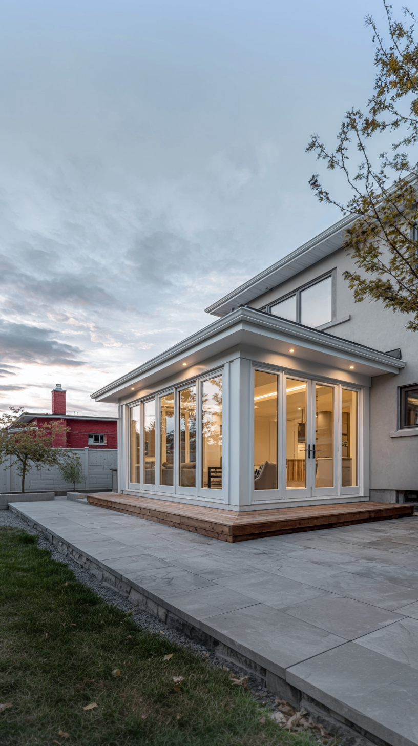 Agrandissement de maison moderne avec façade vitrée, portes patio, terrasse en bois, dalles extérieures et éclairage intégré